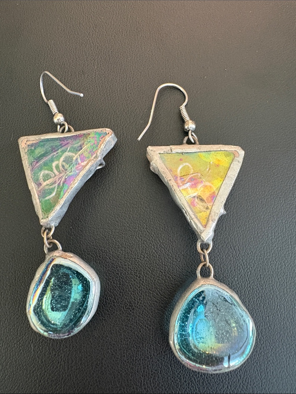 Artisan Handmade Dichroic Glass Iridescent Stained Glass Dangle Earrings OOAK - Picture 9 of 9